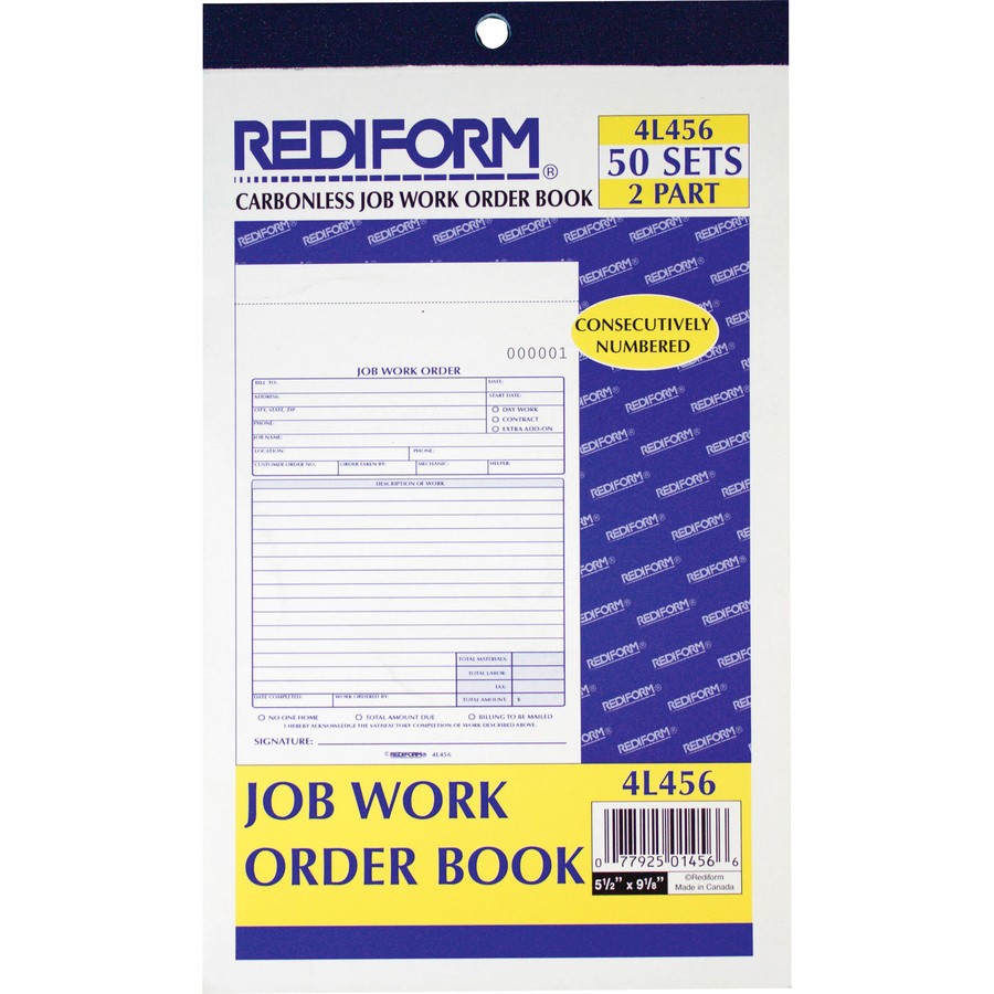 Rediform 4L456 Job Work Order Book 50 Sheets 2-Part Carbonless