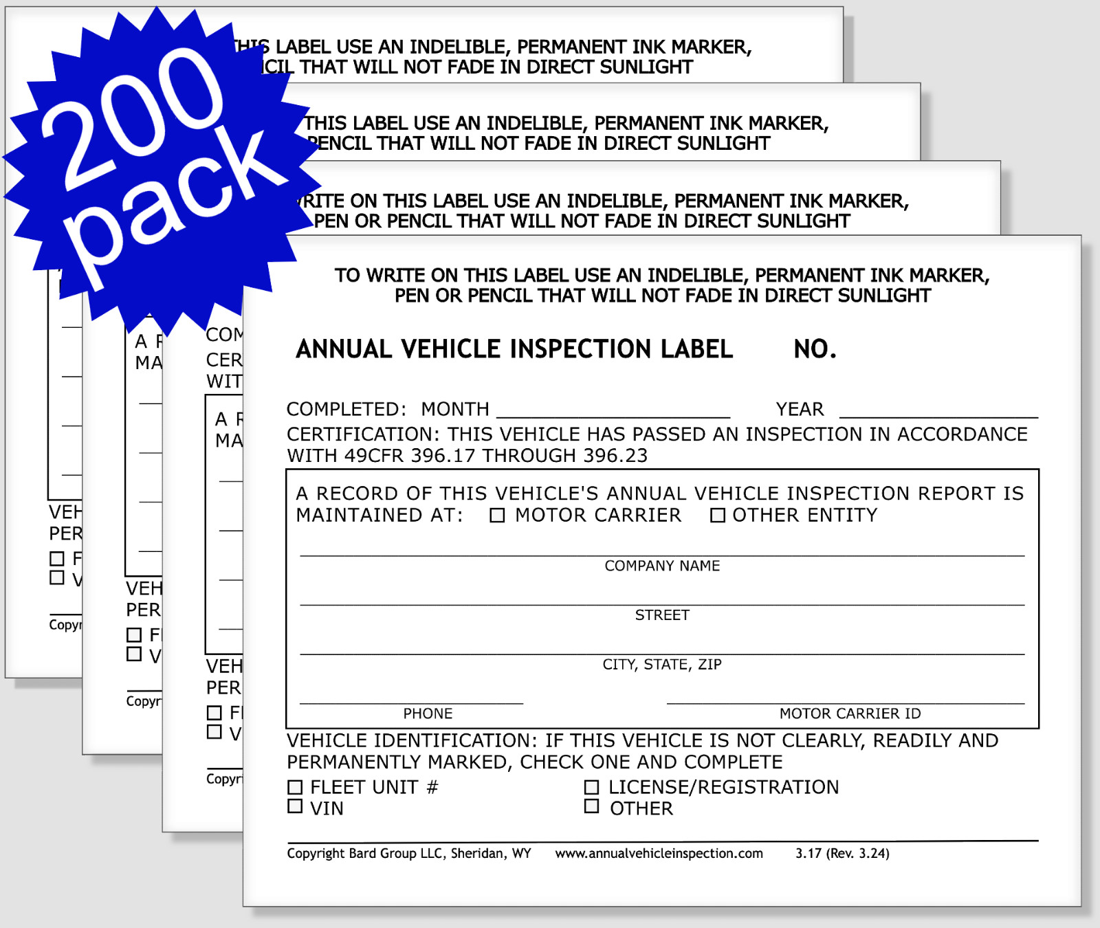 Annual Vehicle Inspection Label 2-Ply Laminated Sticker. 200-pack. Not numbered.