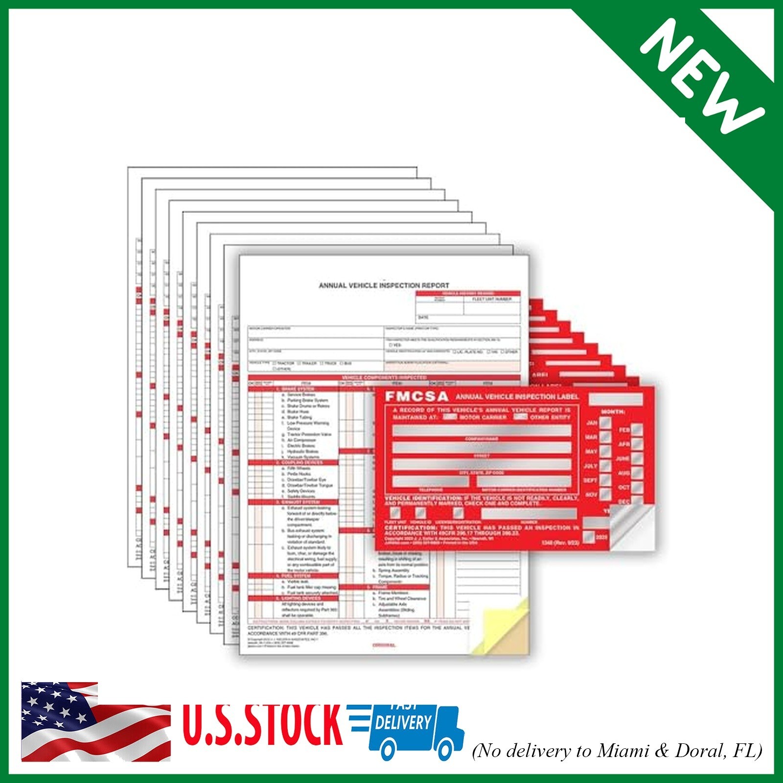 J. J. Keller 10-Pack, Annual Vehicle Inspection Report Form & Red FMCSA Label Al