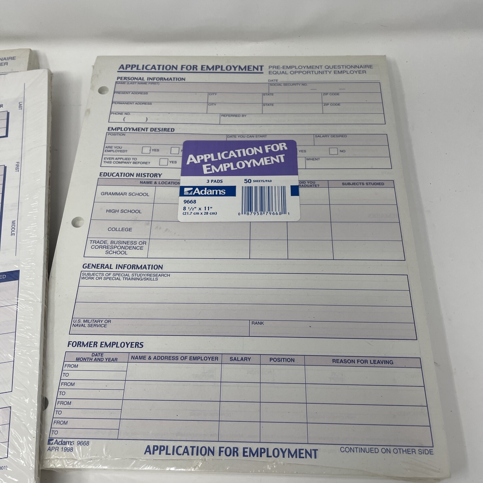 Vintage 1998 Adams 9668 & 9288 Lot Application for Employment NEW.