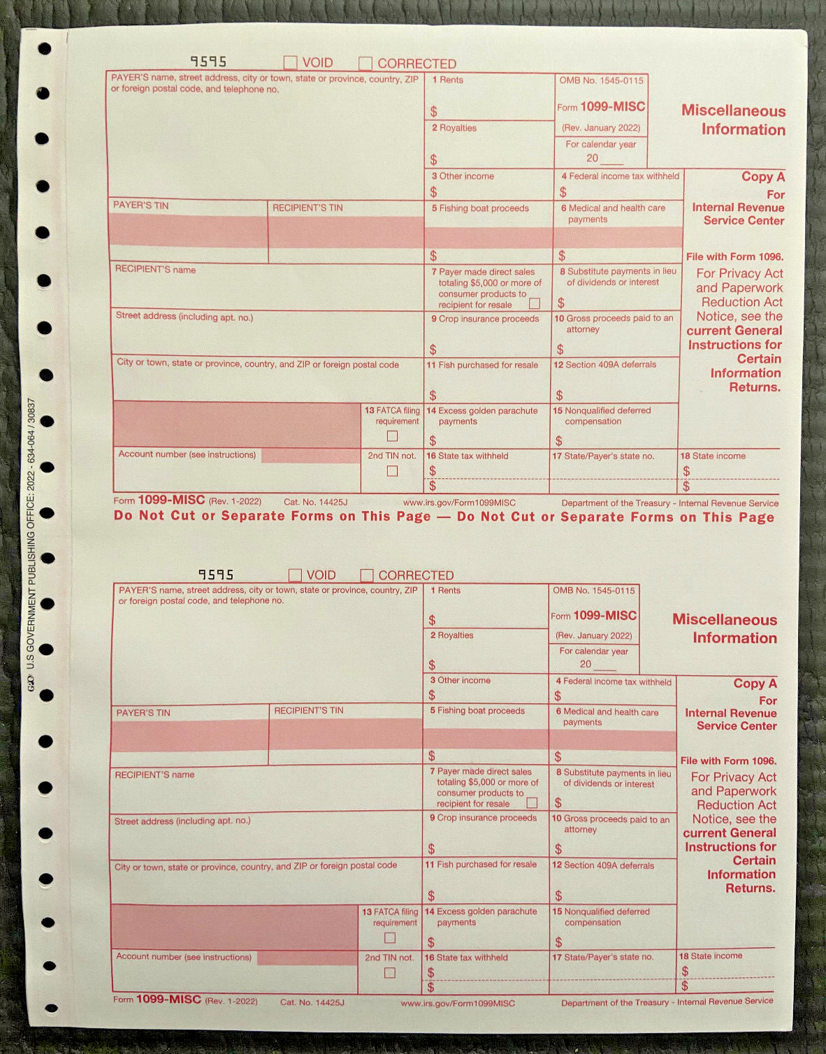 Year 2021 IRS Tax Form (20) 1099-MISC Miscellaneous and (4) 1096 Transmittal