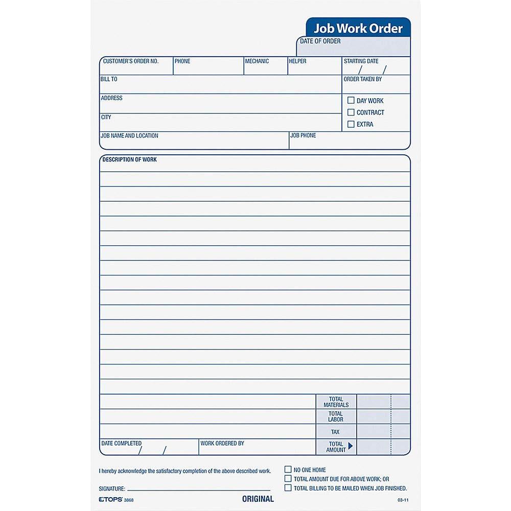 TOPS 3868 Snap-Off Job Work Order Form 5 2/3″ x 8 5/8″ Three-Part Carbonless …