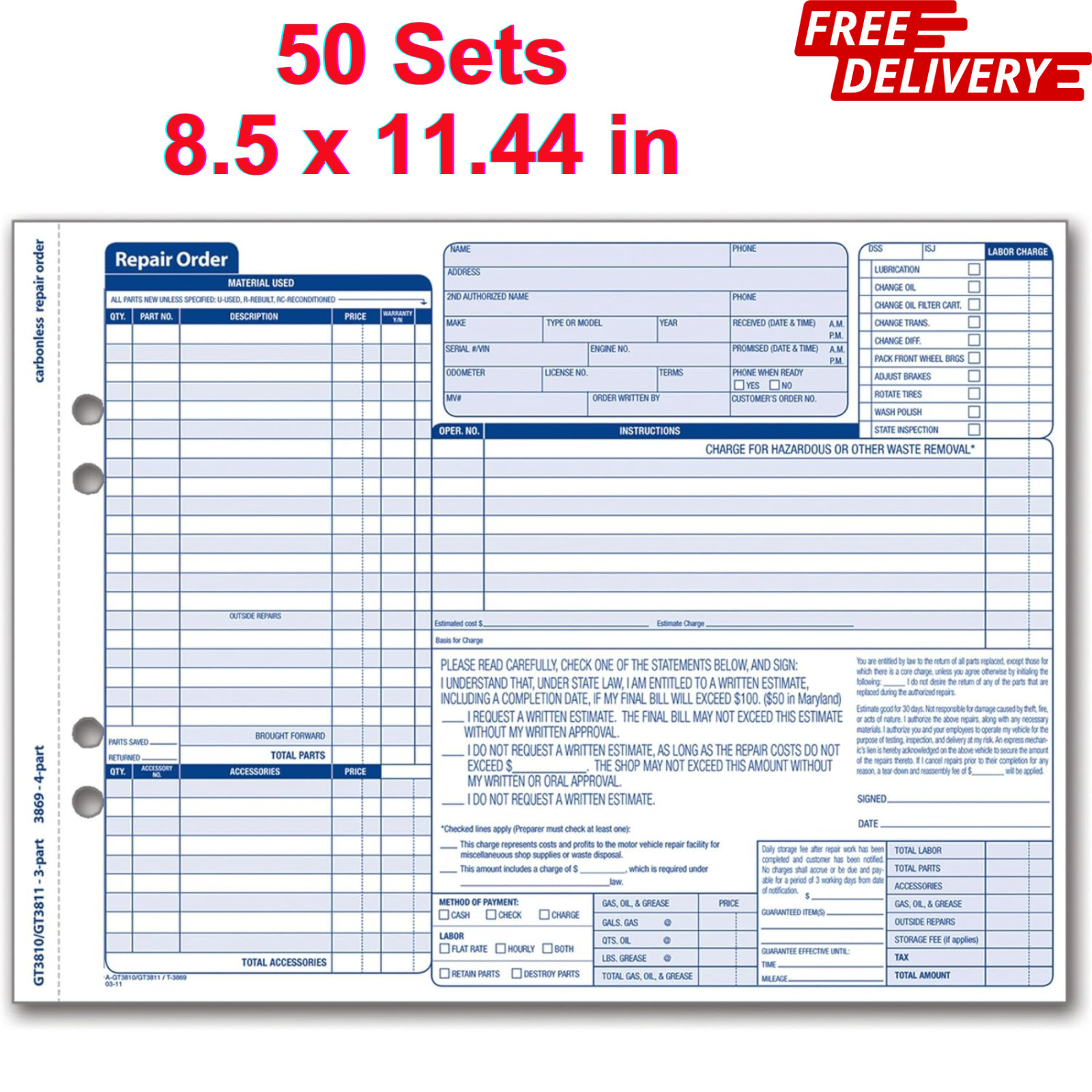 Adams GT3810 Auto Repair Order Forms 50 Sets Carbonless 8.5 x 11.44 in, 3 Part