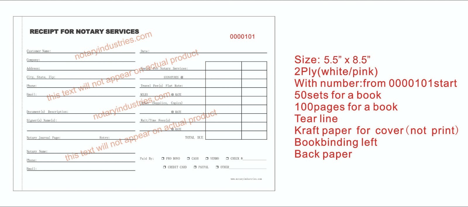 3-pack Receipt for Notary Services Book 50 x 2-ply Duplicate Pink/White Public