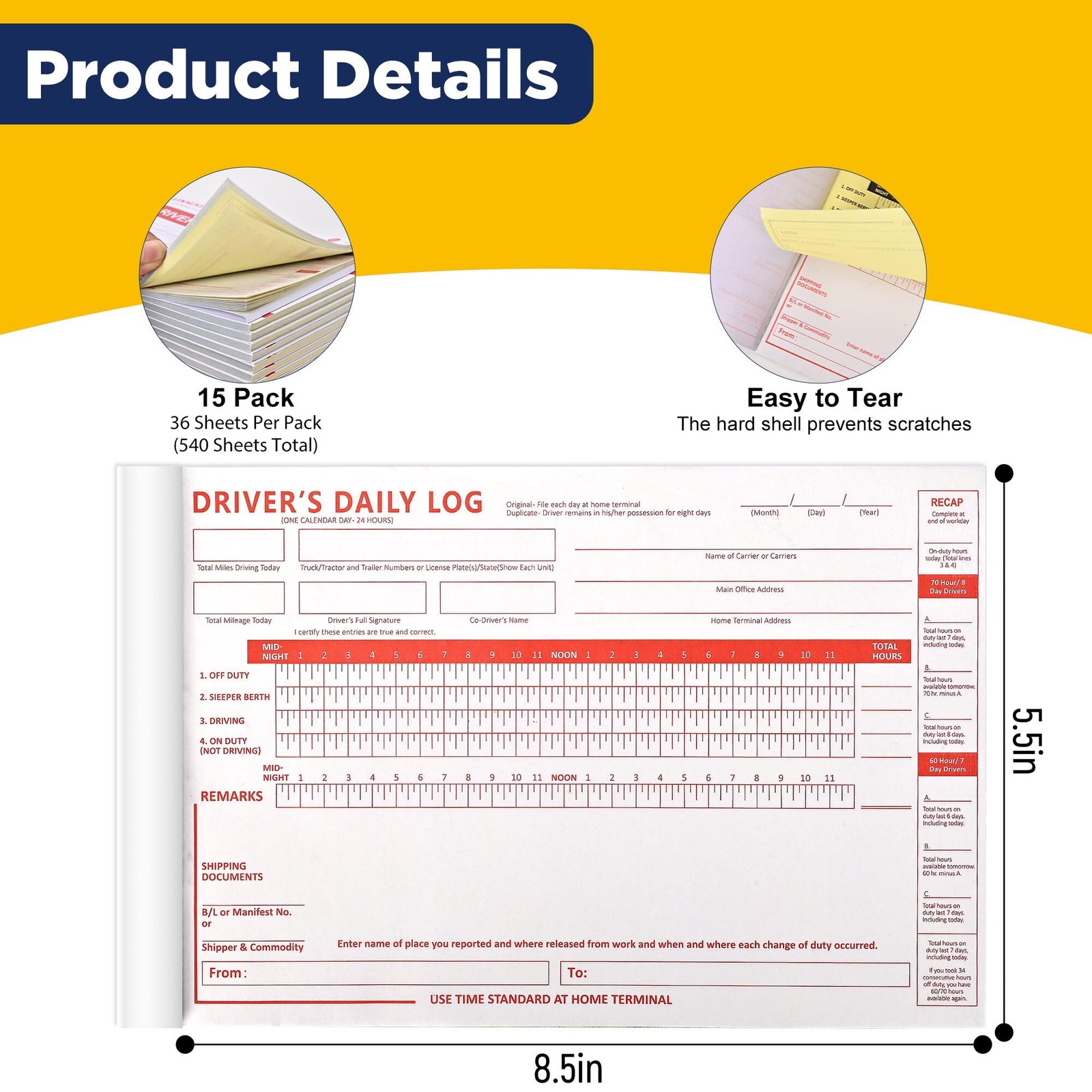 15 Pack Daily Log Books for Truck Drivers with 7 & 8 Day Recap, Driver 15