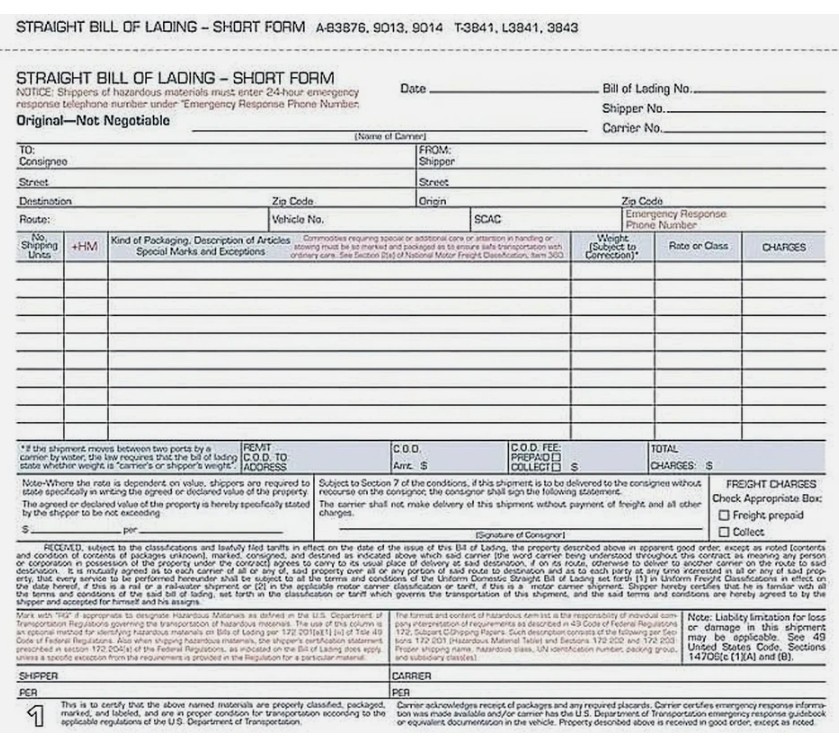 Adams Bill of Lading Short Form, 8.5 X 7.5 Inches, 3-part, 50-forms, White
