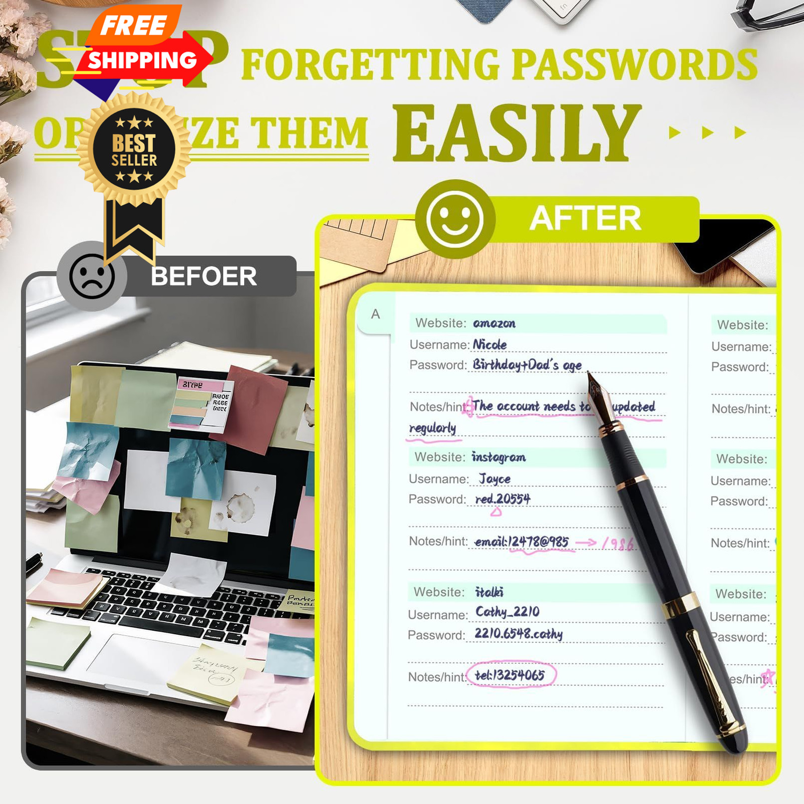 Password Book with Alphabetical tabs. No Inner Pocket, Fluorescent Green