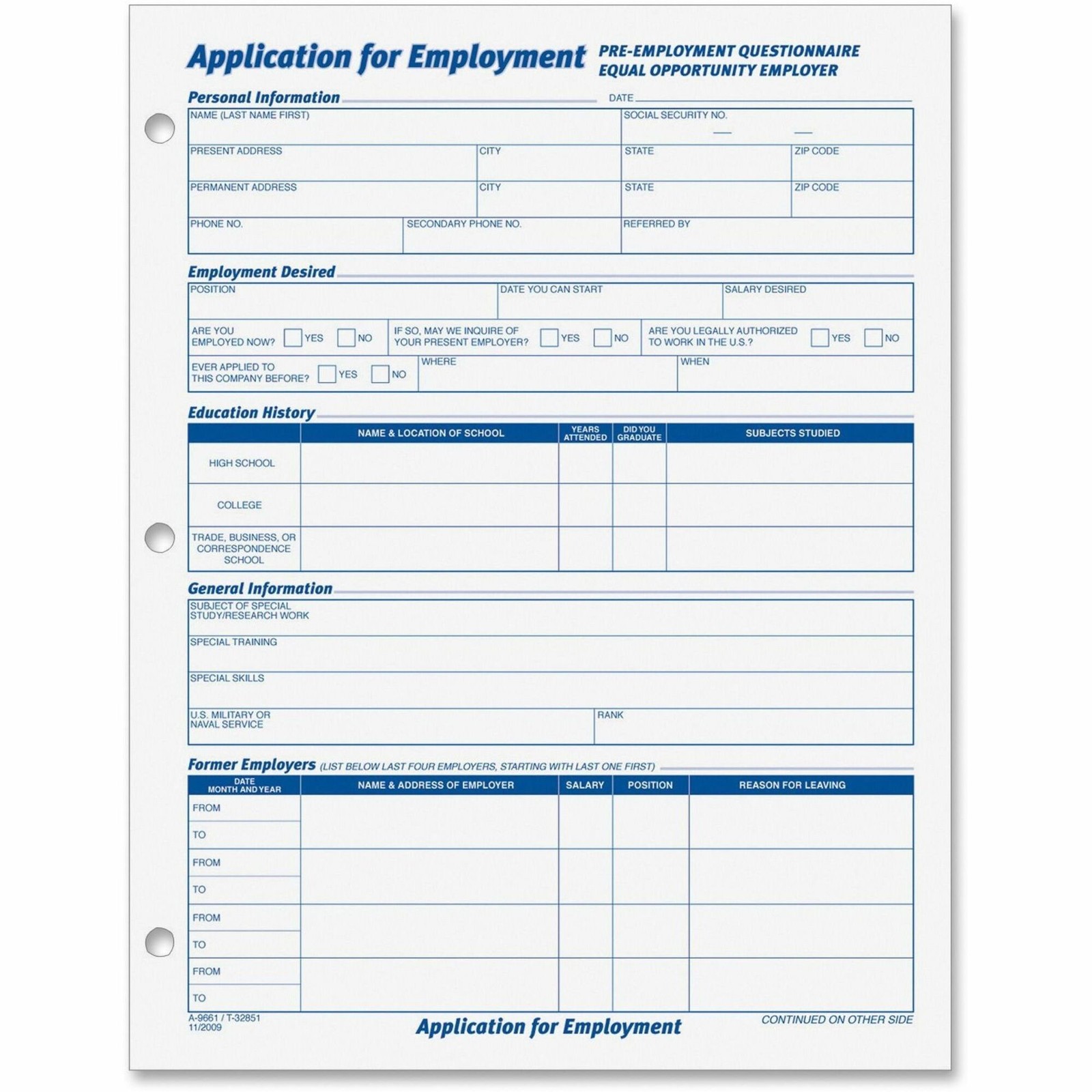 Cardinal Brands TOP32851 Employment Application Form 50 Sheets White