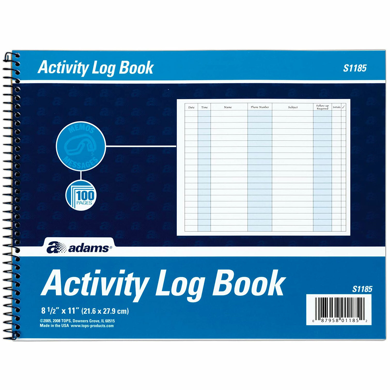 Adams S1185 Activity Log Book, 11 x 8-1/2″, 100 Pages
