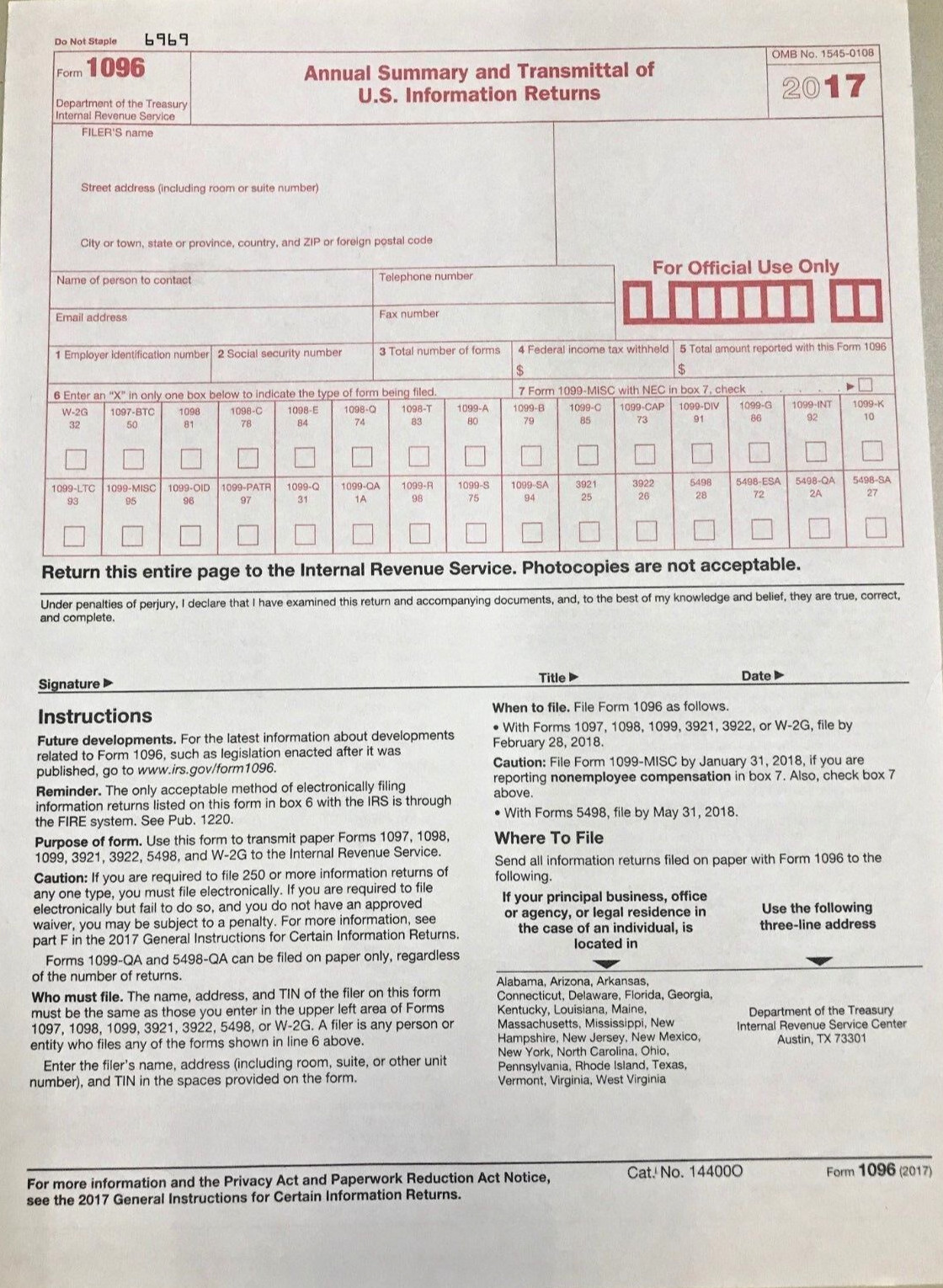 (6) 2017 IRS TAX FORMS 1099-MISC (6 Recipients) + 1 FORM 1096
