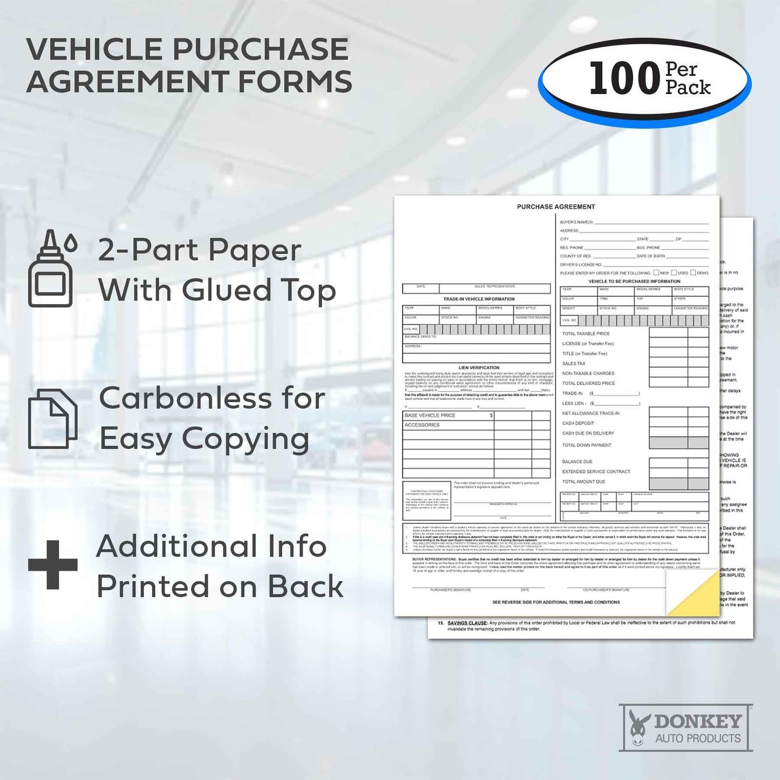 Vehicle Purchase Agreement Forms (2-Part) (100 per 8.5″ x 11″, White, Canary
