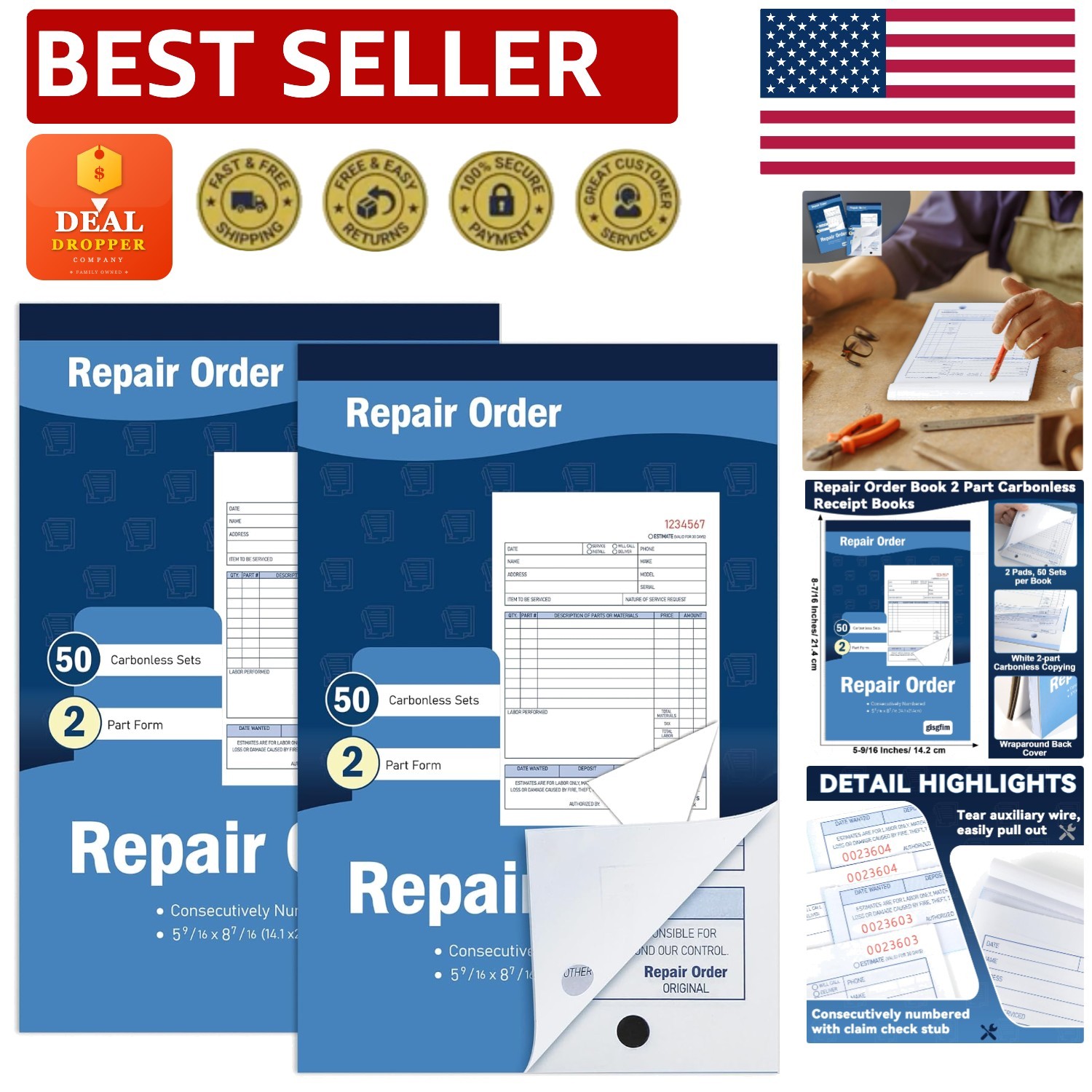 Compact Carbonless Work Order Forms – 2 Pad Receipt Book for Smooth Transactions