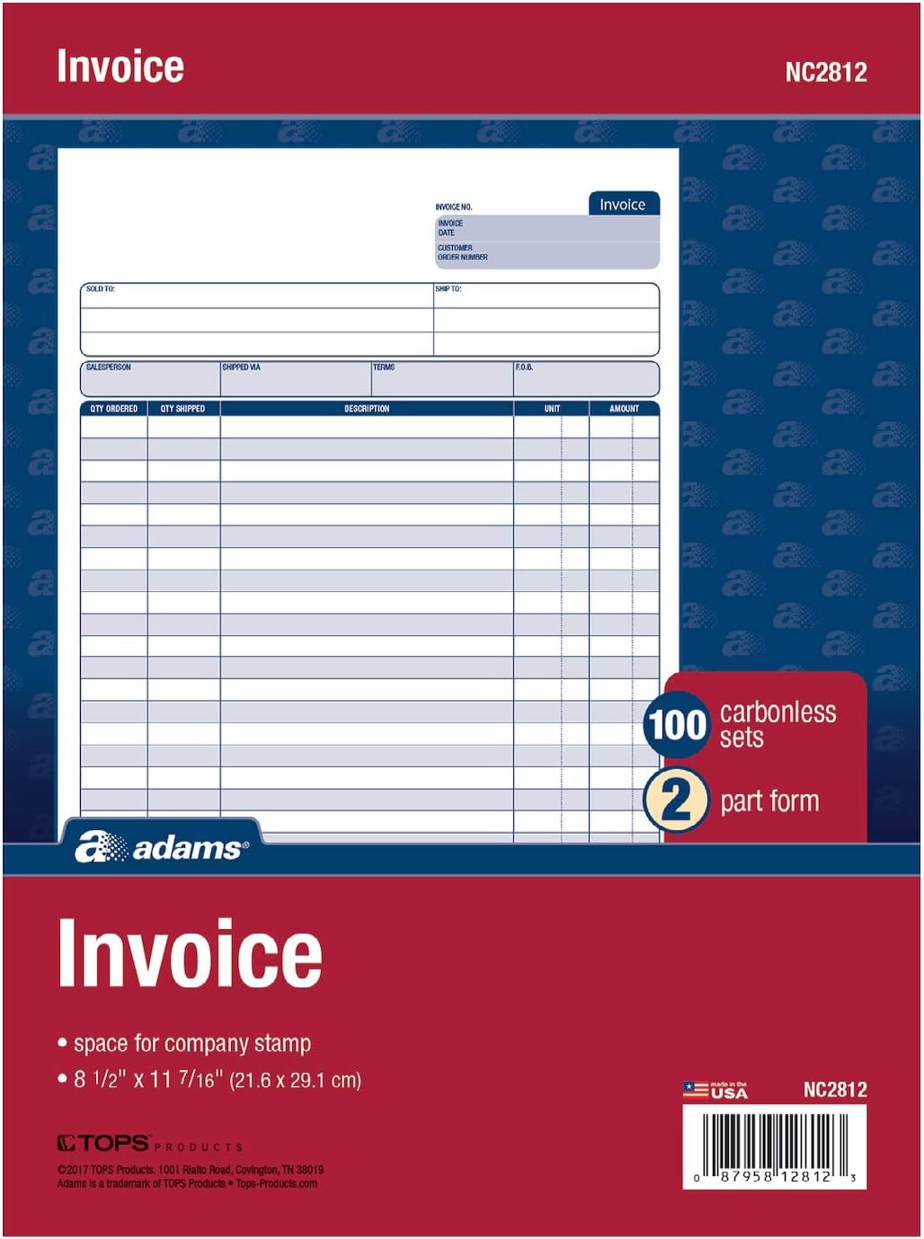 Invoice Unit Set, 8.5 X 11.44 Inch, 2-Part, Carbonless, 100-Pack, White and Cana