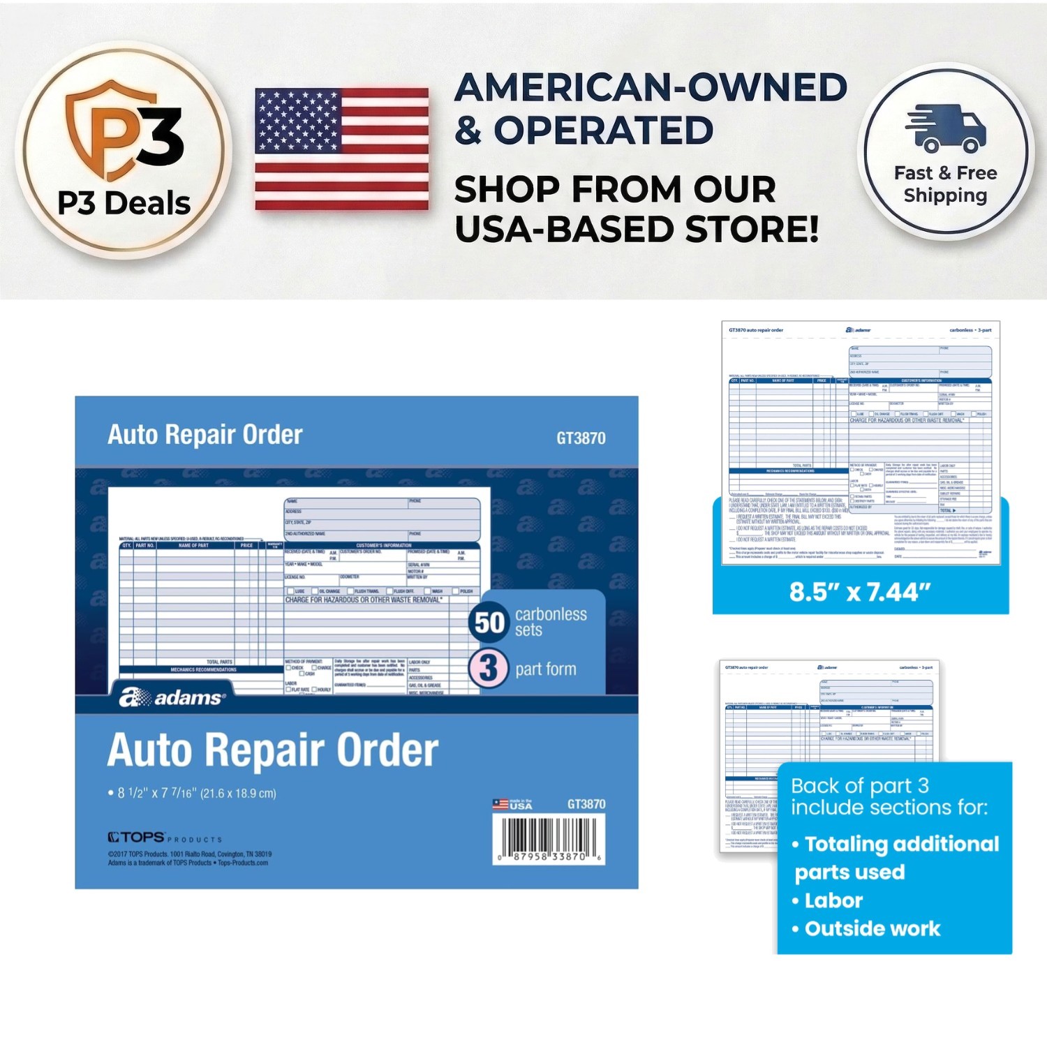 Detailed Auto Repair Order Forms – 50-Pack 3-Part Carbonless, 8.5×7.44