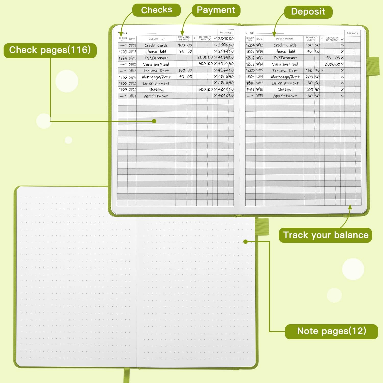 A5 Check Registers for Personal Checkbook, Ledger Transaction Registers Log Book