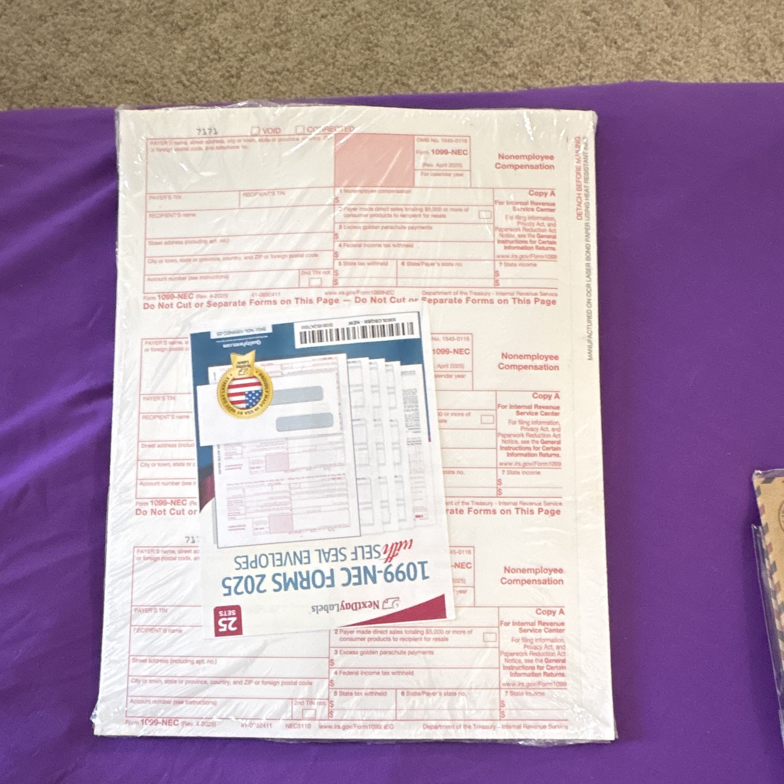 NextDayLabels 2025 1099-NEC Forms w/ Self-Seal Envelopes, 25 Sets NDL-1099NEC-25