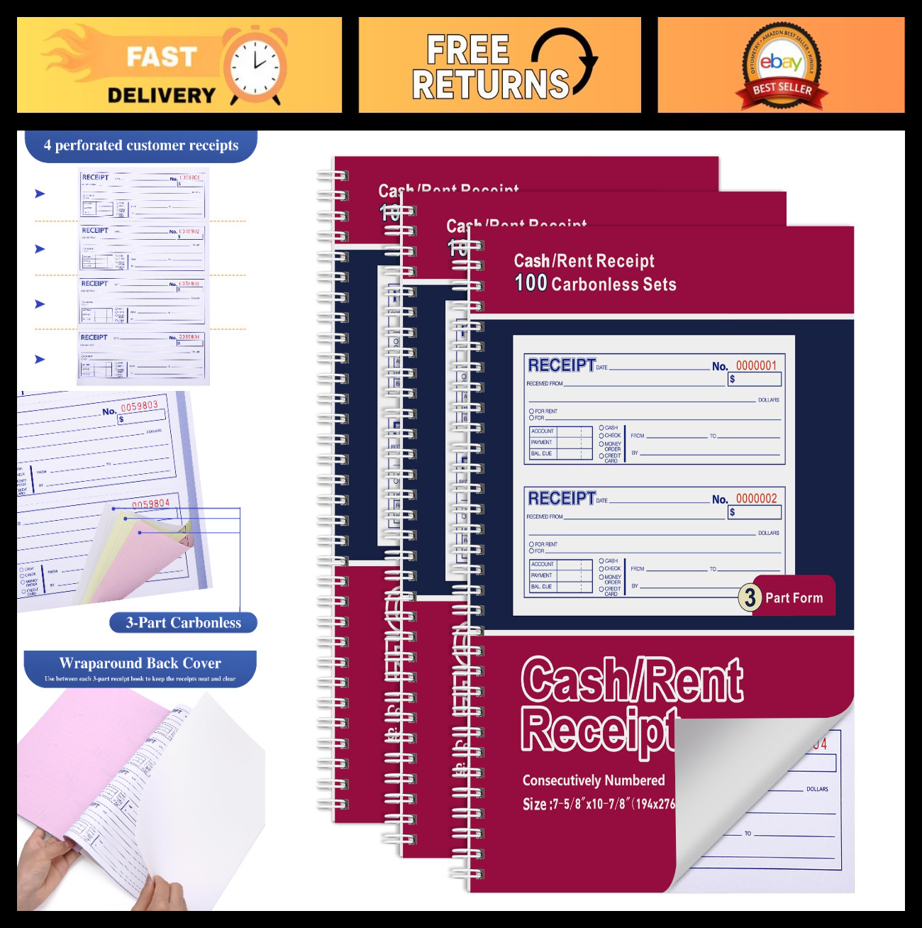 3-Pack Carbonless Receipt Books, 3-Part Spiral Bound, 100 Sets, Office & Cash Us