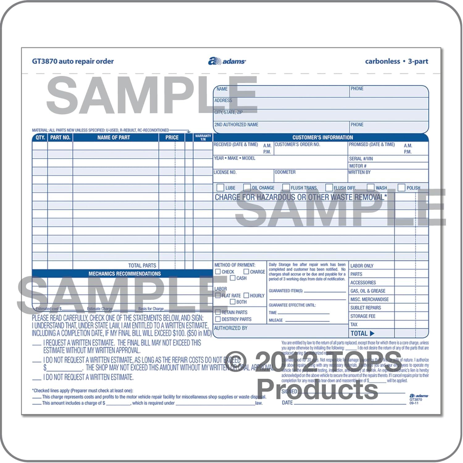 Adams 50 Pack Auto Repair Order Forms Carbonless 3 Part White Canary 8X7 In