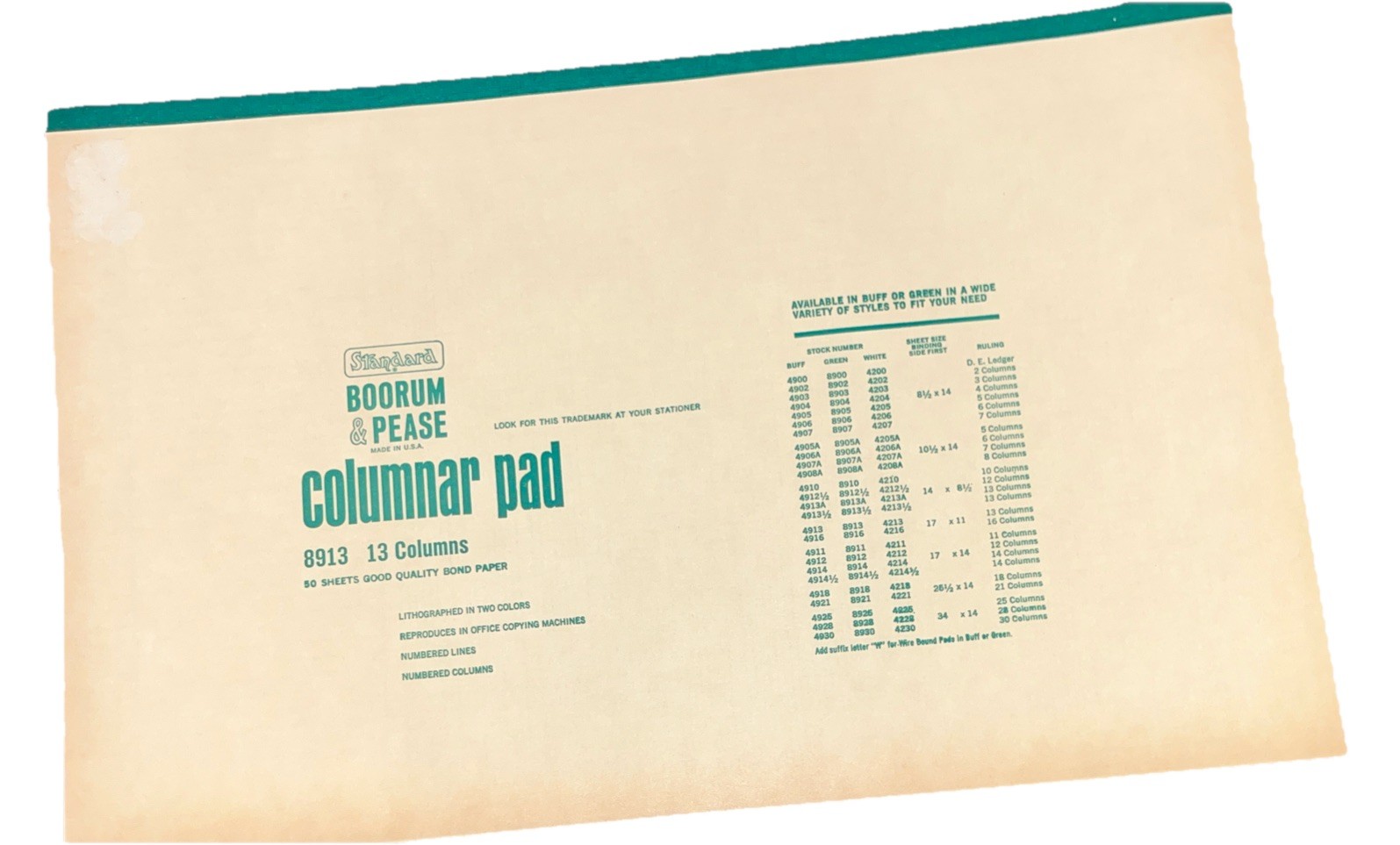 Vtg Boorum & Pease 8913 (green) Columnar Pad 13 Column Ledger Accounting Sheets