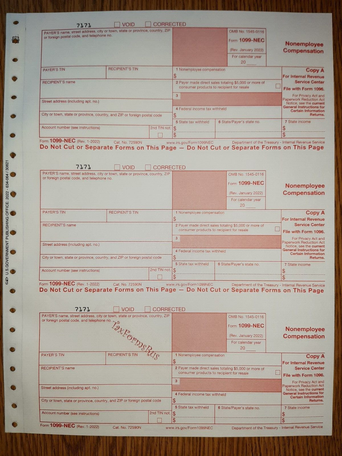 2023 IRS Tax Form 1099-NEC single sheet set for 3 recipients carbonless, 5-pt