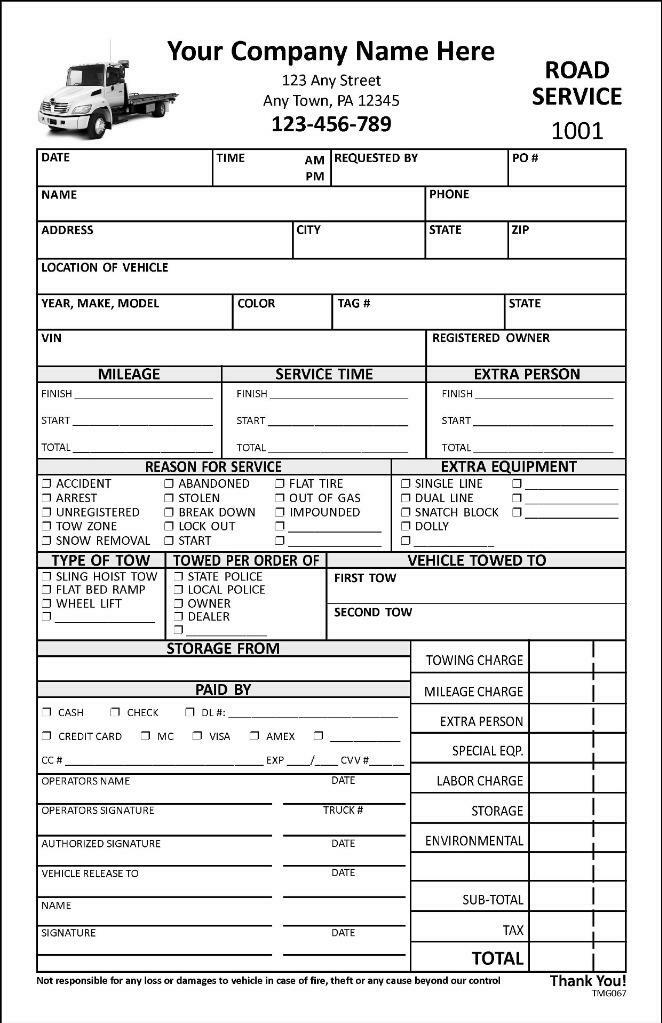 Custom Flatbed Towing Road Service Forms / 5.5 X 8.5 / 2 or 3 Part / TMG067