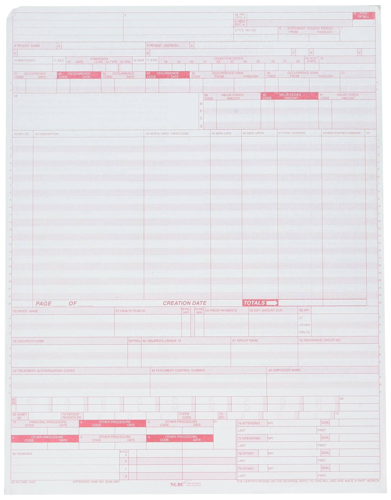 UB-04 (CMS 1450) Health Insurance Claim Form (Pack of 500 sheets)