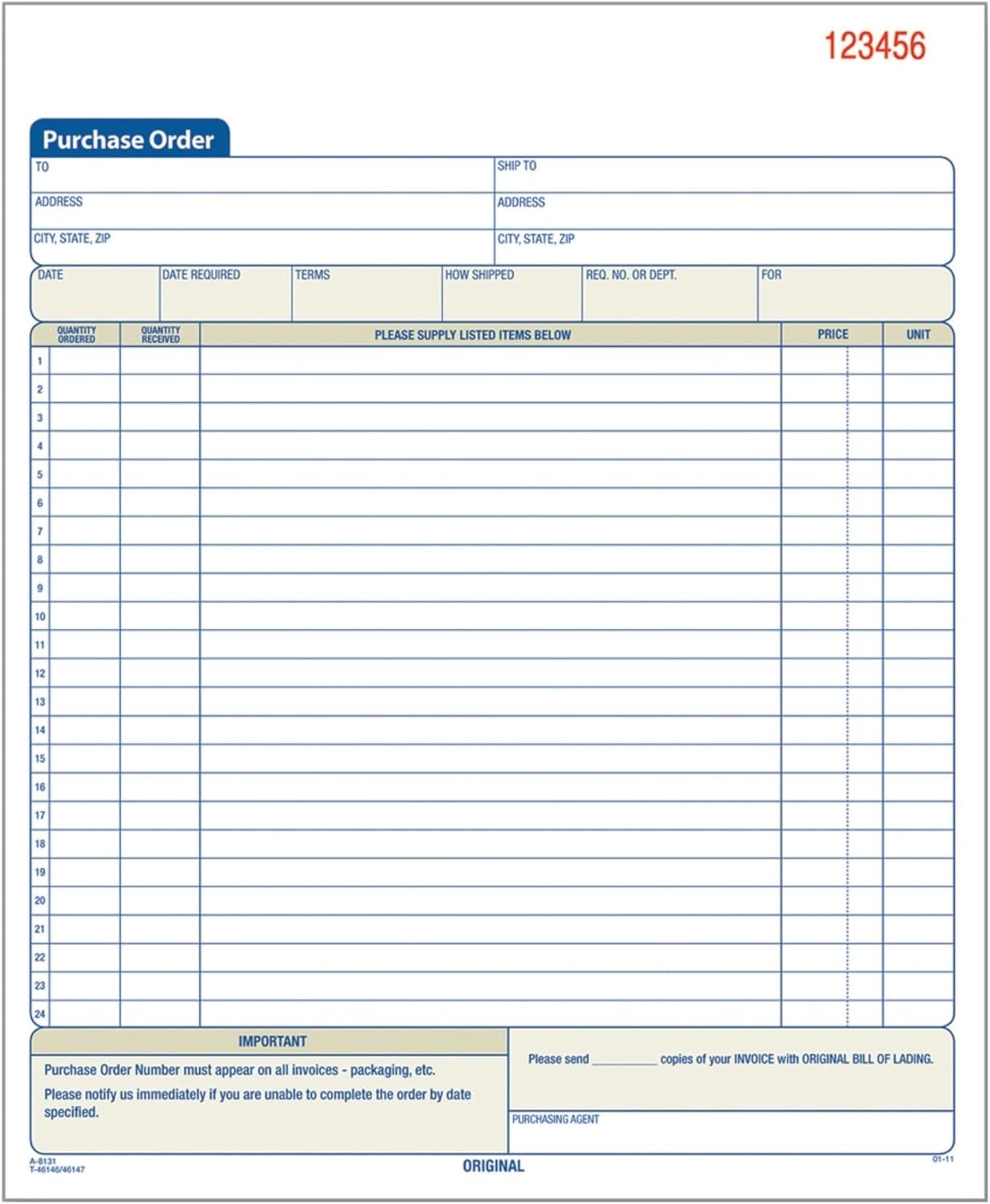Adams Purchase Order Book, Carbonless, White/Canary, 2-Part, 8-3/8 x 10-11/16 In