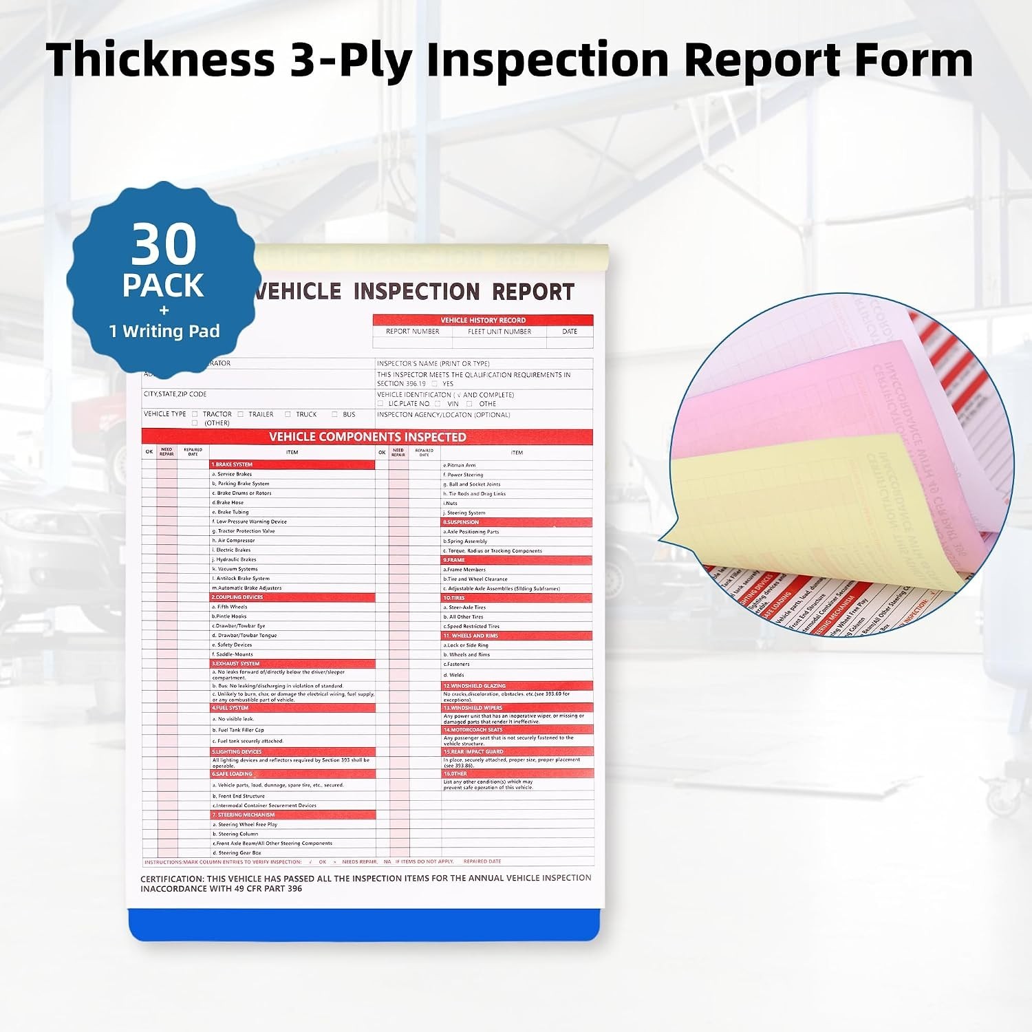 30 Pack Vehicle Inspection Report Forms 3 Ply DOT FMCSA Stickers