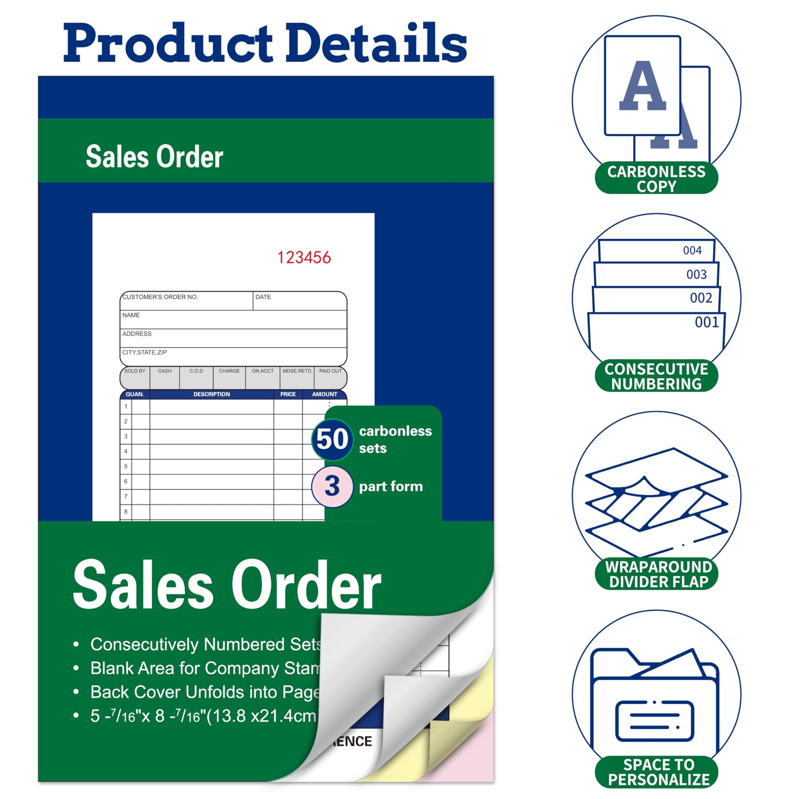 2 Pack 50 Sets 57/16 x 87/16 Inch 3Part Carbonless Sales Receipt Books