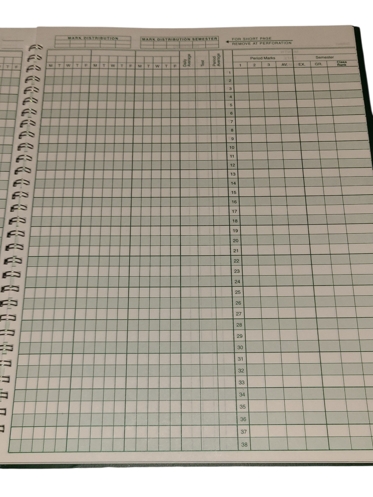 Green Spiral Bound Class Record Grade Book 38 Students 6 7 Week Periods 8.5 X 11
