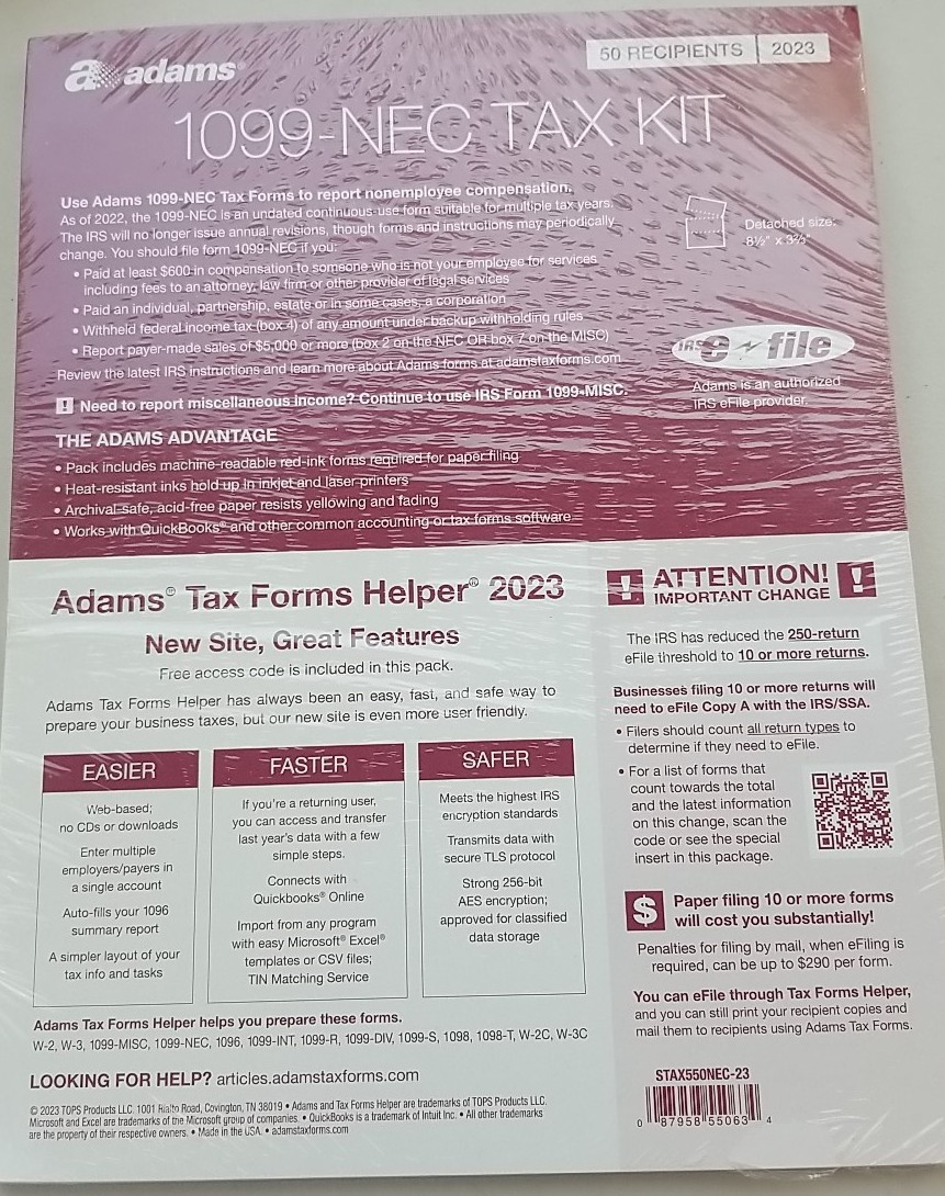 Adams 2023 1099-NEC Tax Forms Kit with Adams Tax Forms Helper and 10 Free eFiles
