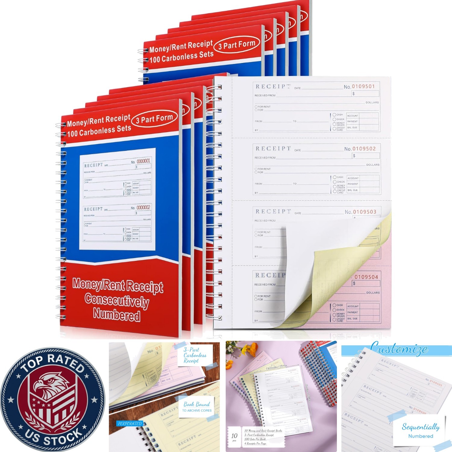 10 Pcs Carbonless Money & Rent Receipt Books – Spiral Bound, 3 Part, 100 Sets