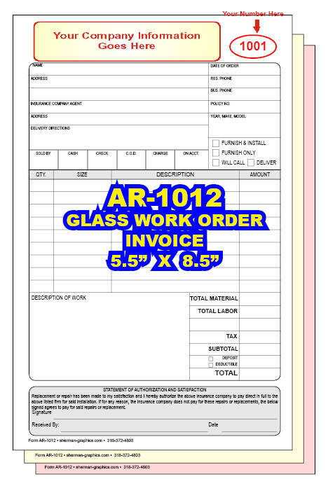 GLASS WORK ORDER INVOICE 2 or 3 Part Carbonless Forms