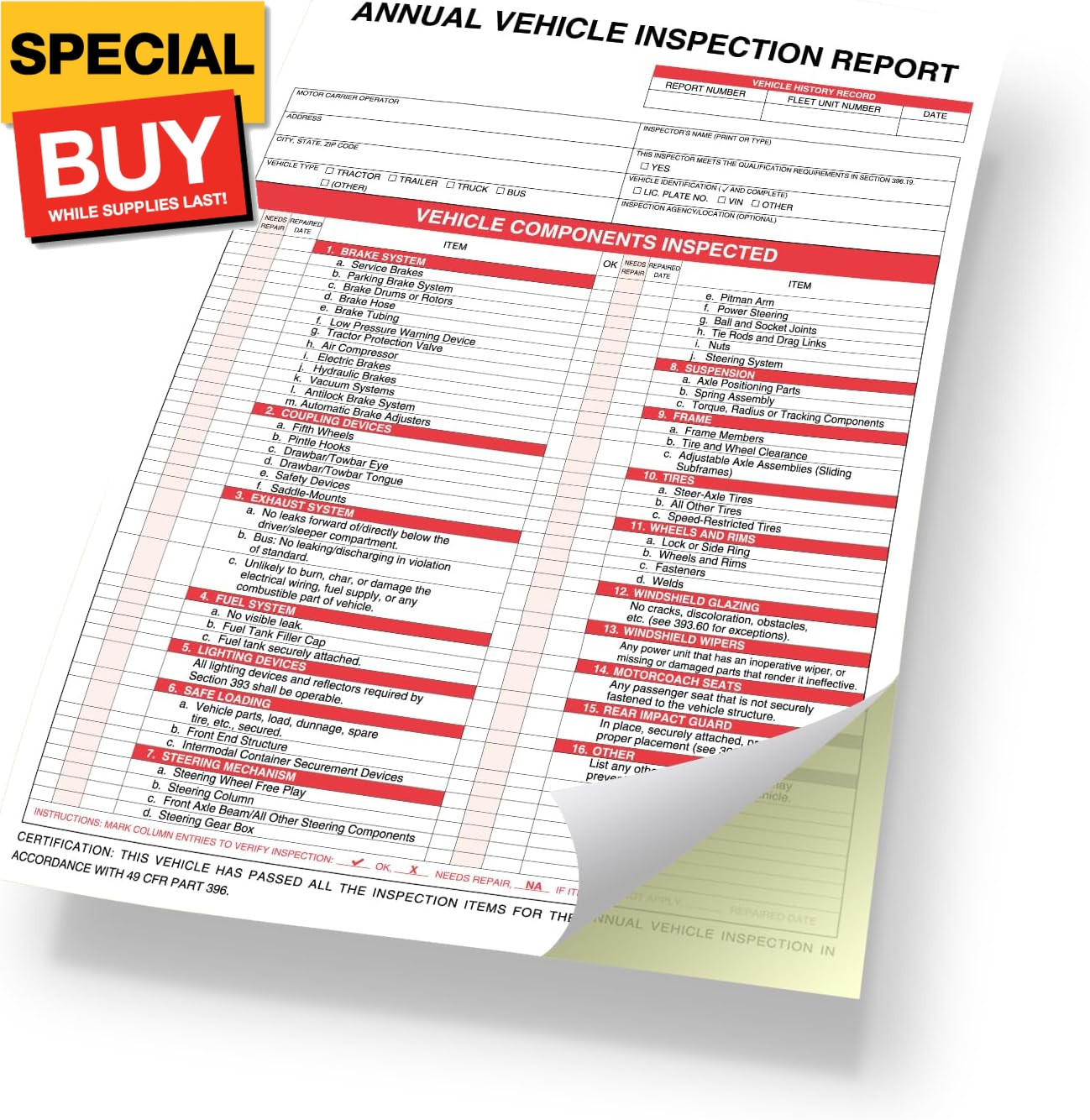 Annual Vehicle Inspection Report Form 25-pk 3-Ply Carbonless, 8.5″ x 11.75″ + 2-