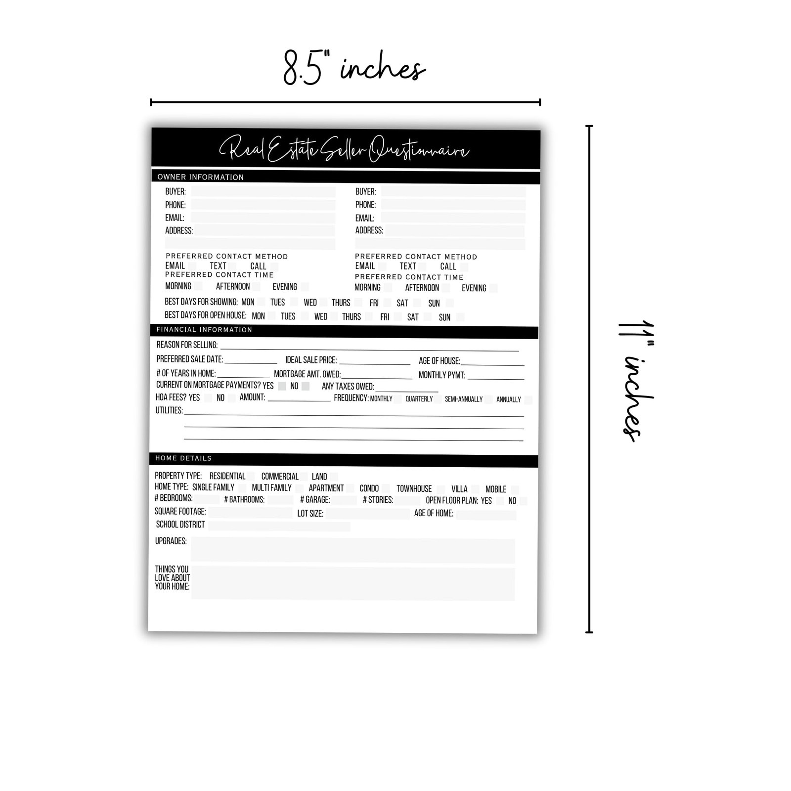 50 PCS Real Estate Buyer Seller Questionnaire Agent Form 8.5×11 Inch 25 Each