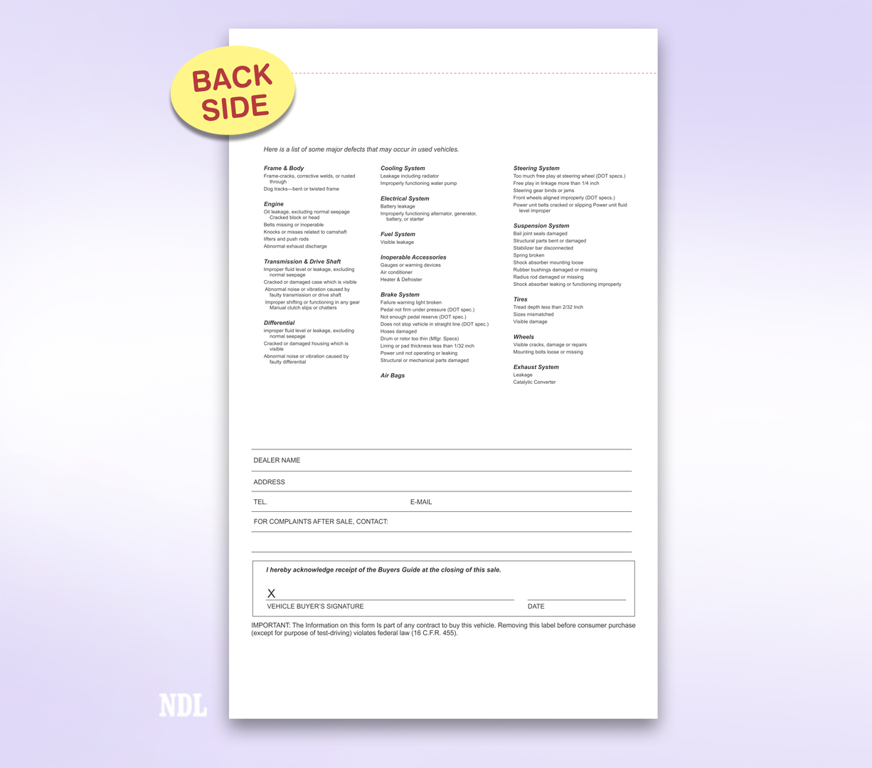 2-Part Federal Buyers Guide Waranty Form, Adhesive Tape, English – 200 pack
