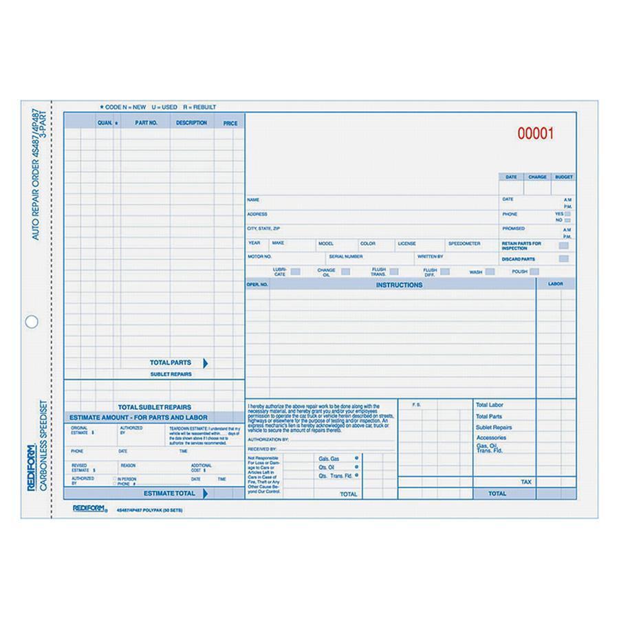 Rediform Auto Repair Order Form, Speediset, 3 Parts, 8 1/2"x11"