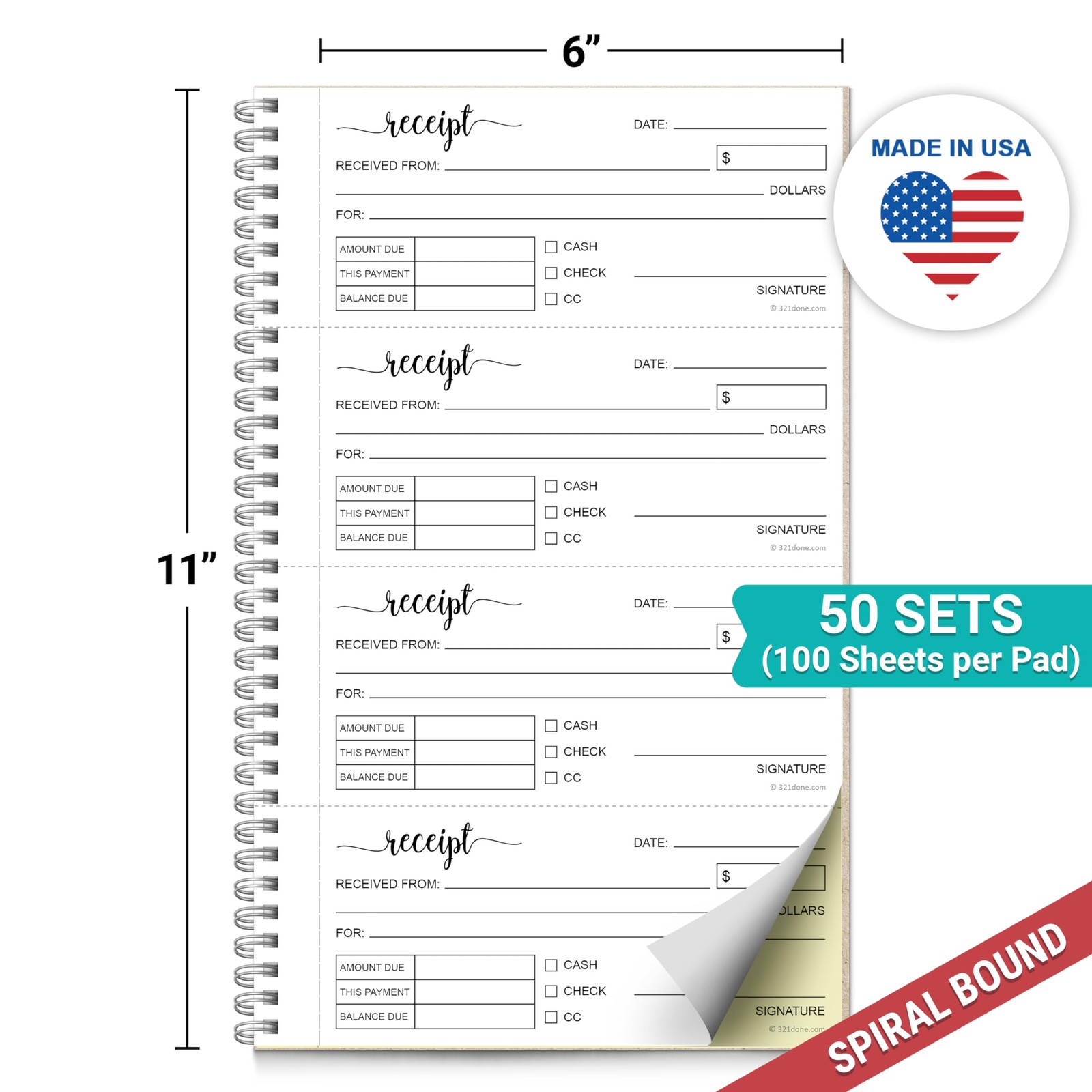 Receipt Book, 11×6 2-Part Carbonless Spiral Bound, Made in USA, 4 Receipts pe…