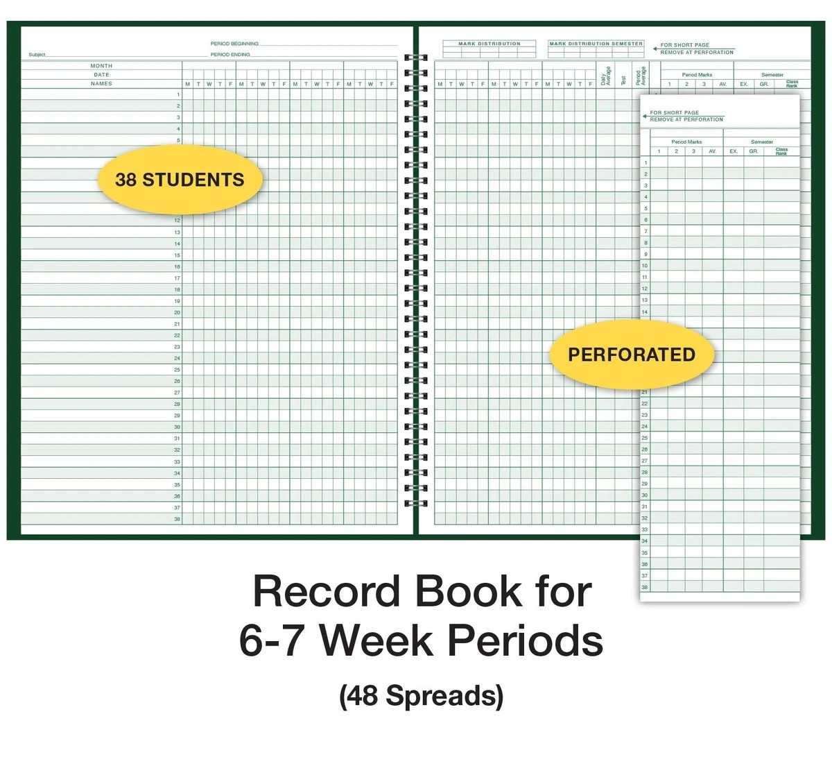 Green Spiral Bound Class Record Grade Book 38 Students 6 7 Week Periods 8.5 X 11