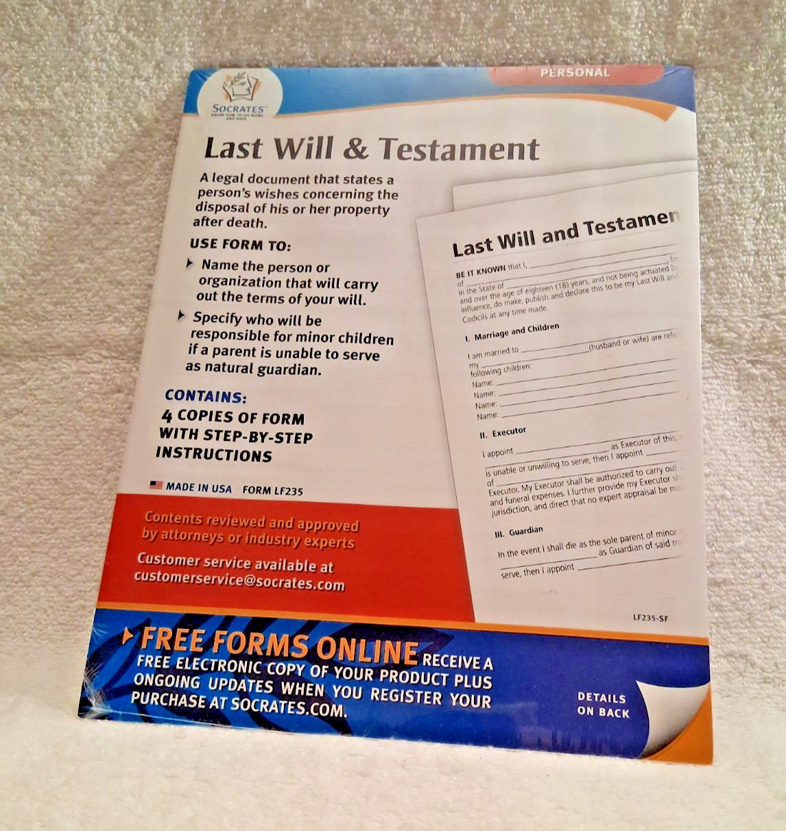 Factory Sealed Last Will and Testament Form LF235 Produced by Socrates Media