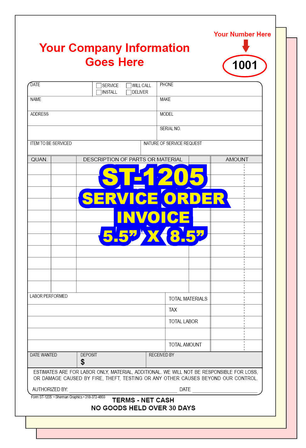 JOB SERVICE WORK ORDER / REPAIR INVOICE 2 or 3 Part Carbonless