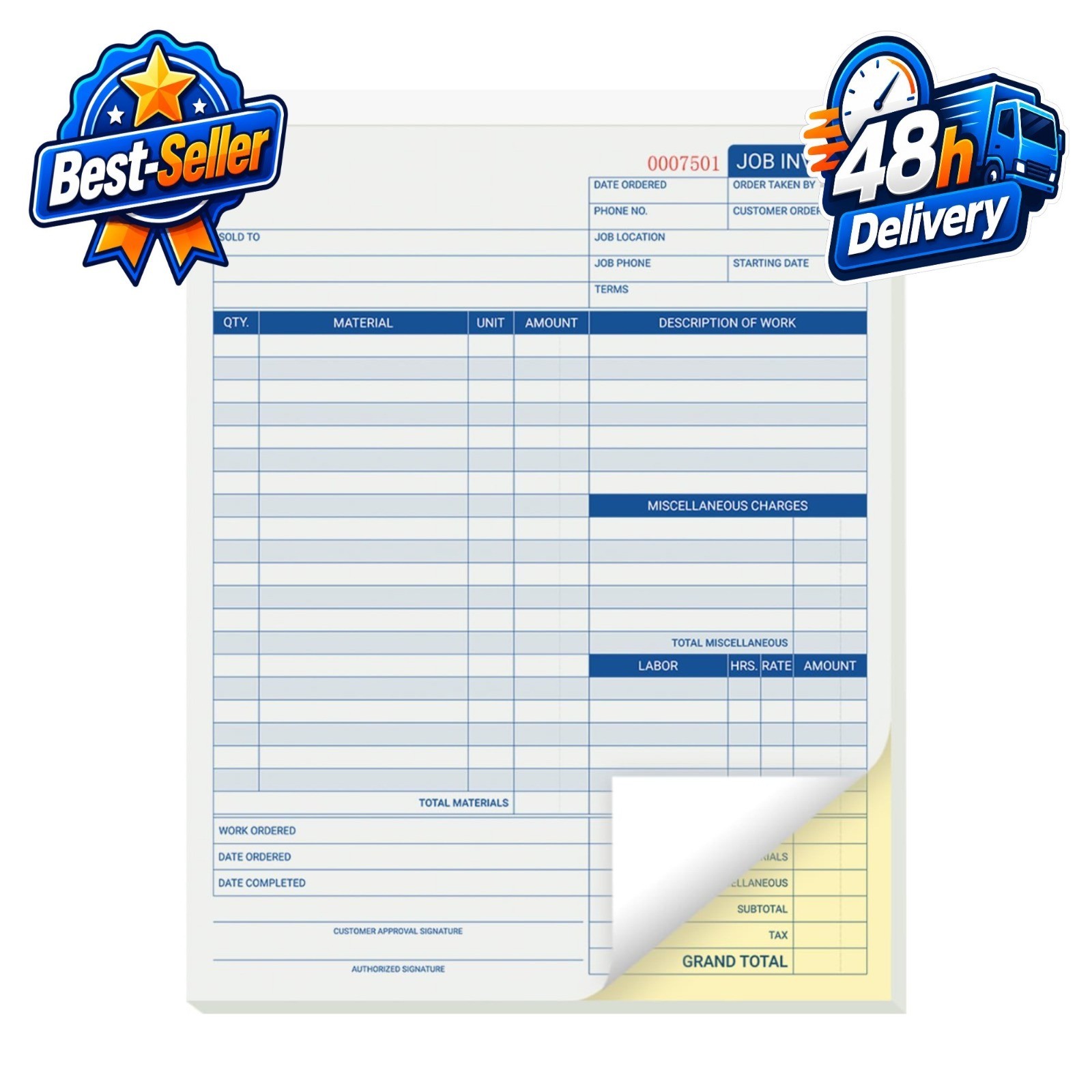 50 Sets Job Invoice Forms – 2 Part Carbonless Work Order Forms 8.5×11