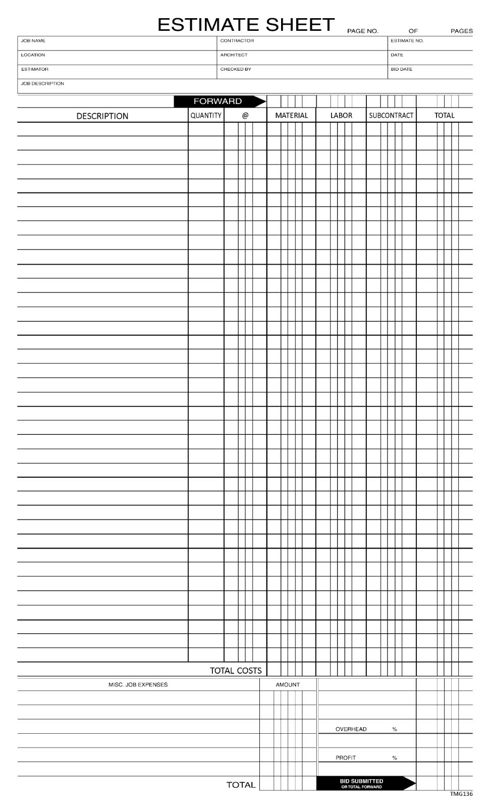500 Estimate Sheets / 8.5 x 14 / Nebs Deluxe # 237