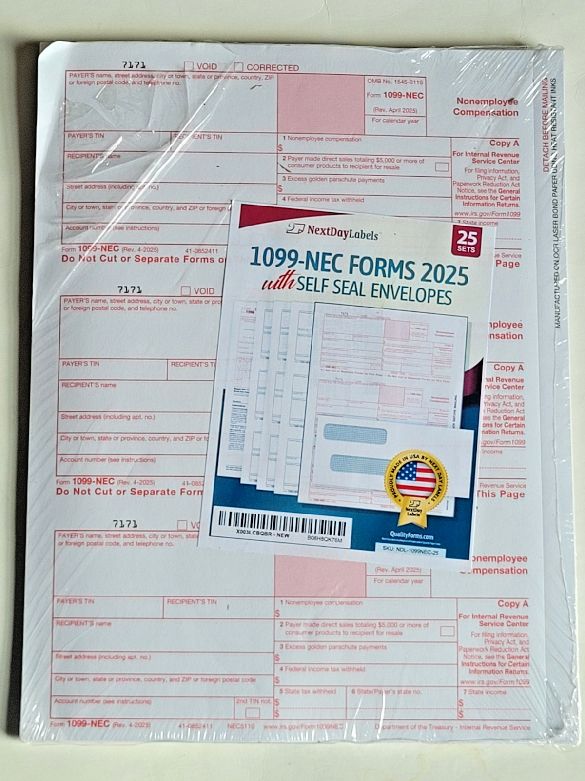 Form 1099-NEC forms 2025 with self seal envelopes