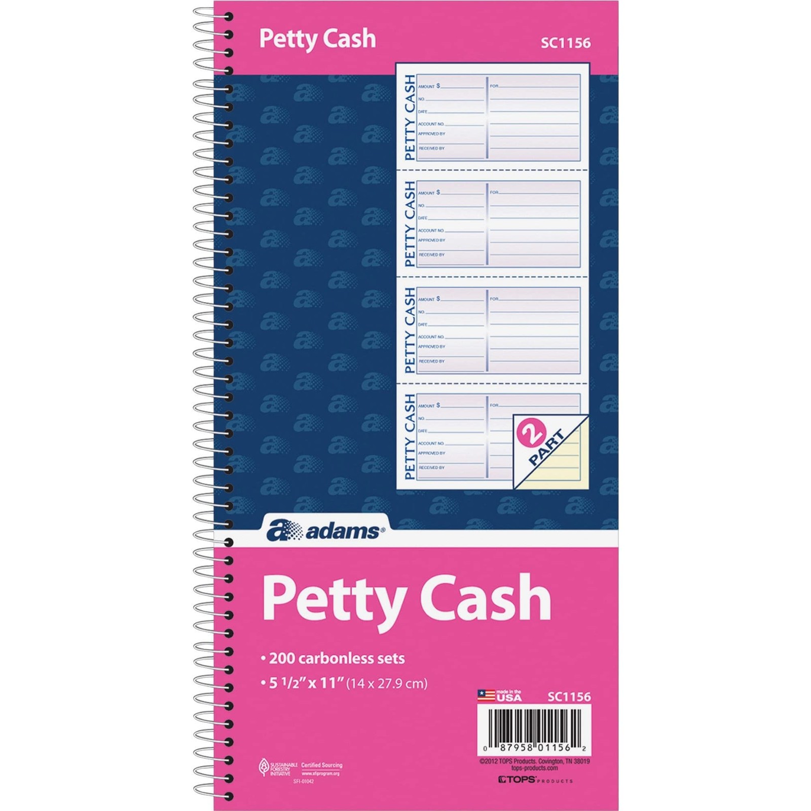 Adams Spiral Petty Cash Book, 2-Part, Carbonless, 4 True, White/Canary
