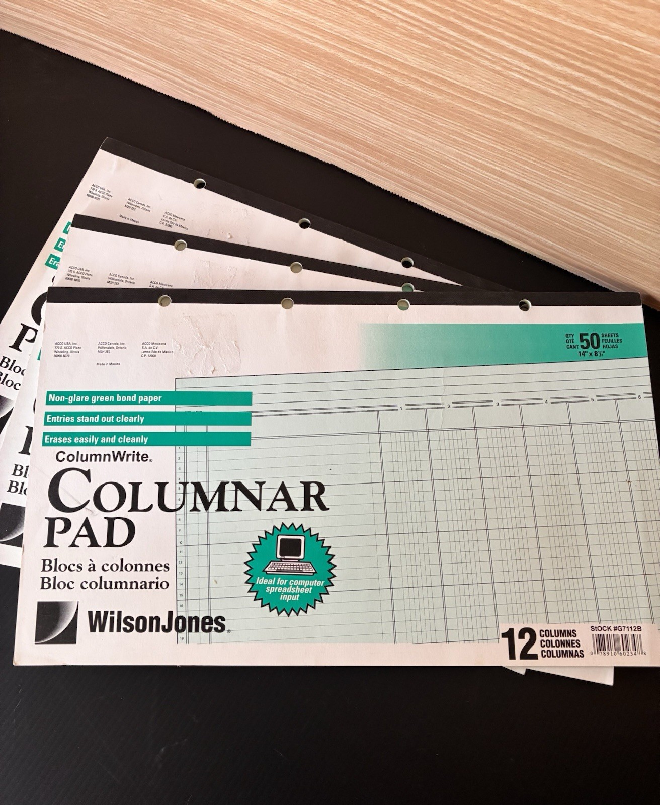 Set of 3 Wilson Jones G7112B Columnar Ruled Pad 12 Column 50 Sheet 14 x 8.5 NOS