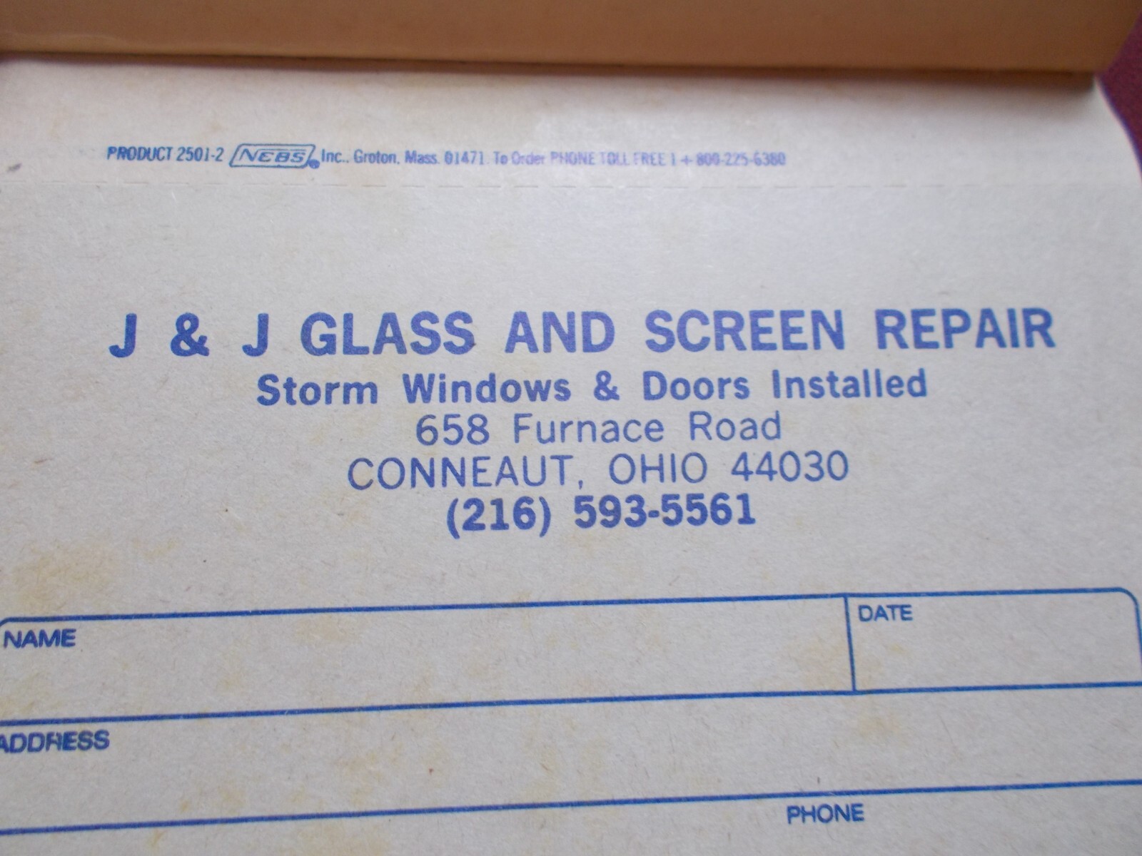 VGT NOS 1987-89 ADVERT. CARBON SALES BOOK RECEIPT BOOKLET NEBS J&J GLASS REPAIR