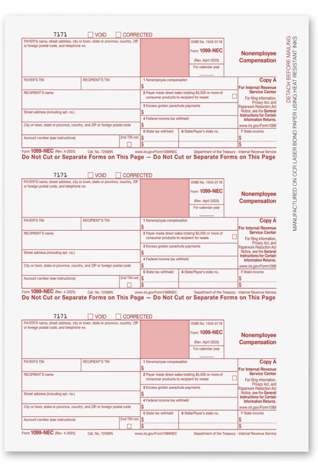 Onguls 1099-Nec 4 Part Tax Forms 25 Pack IRS Approved 2025 NO ENVELOPES