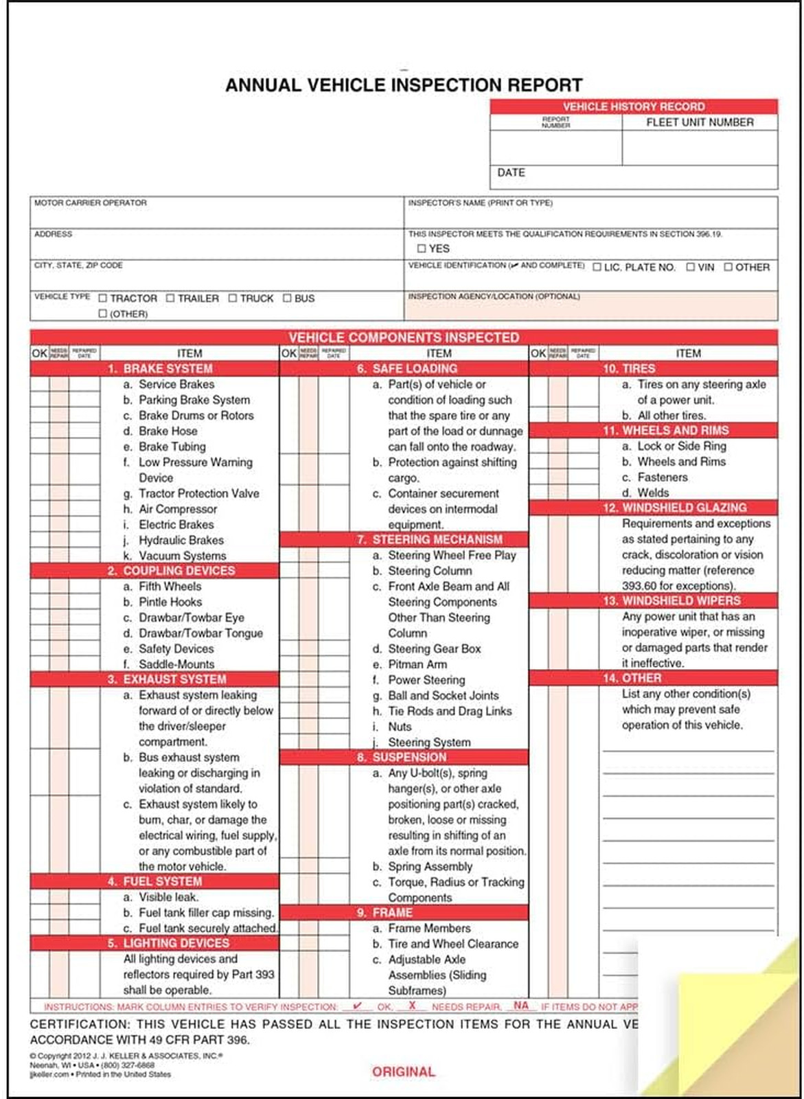 Vehicle Inspection Report Forms 3-Ply Carbonless DOT Compliant 8.5×11 100 Pack