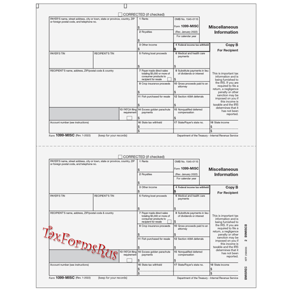 2022 IRS Tax Form 1099-MISC Laser 25 recipients+(3)1096 #MISCS405 2UP 4pt NO Env